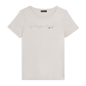 T-shirt donna con grafica in strass e logo sul fondo