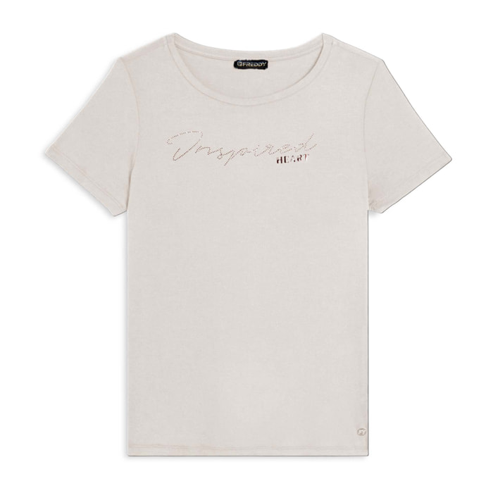 T-shirt donna con grafica in strass e logo sul fondo