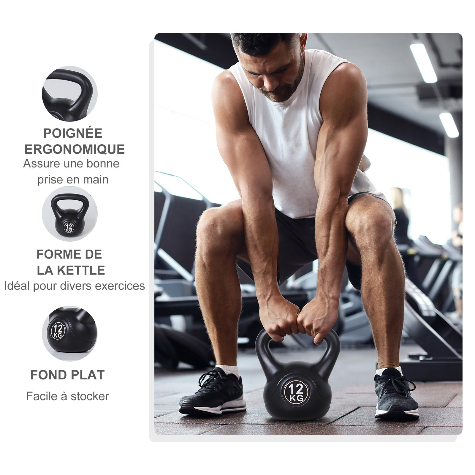 Kettlebell 12 Kg - haltère boule - poignée ergonomique - PVC noir