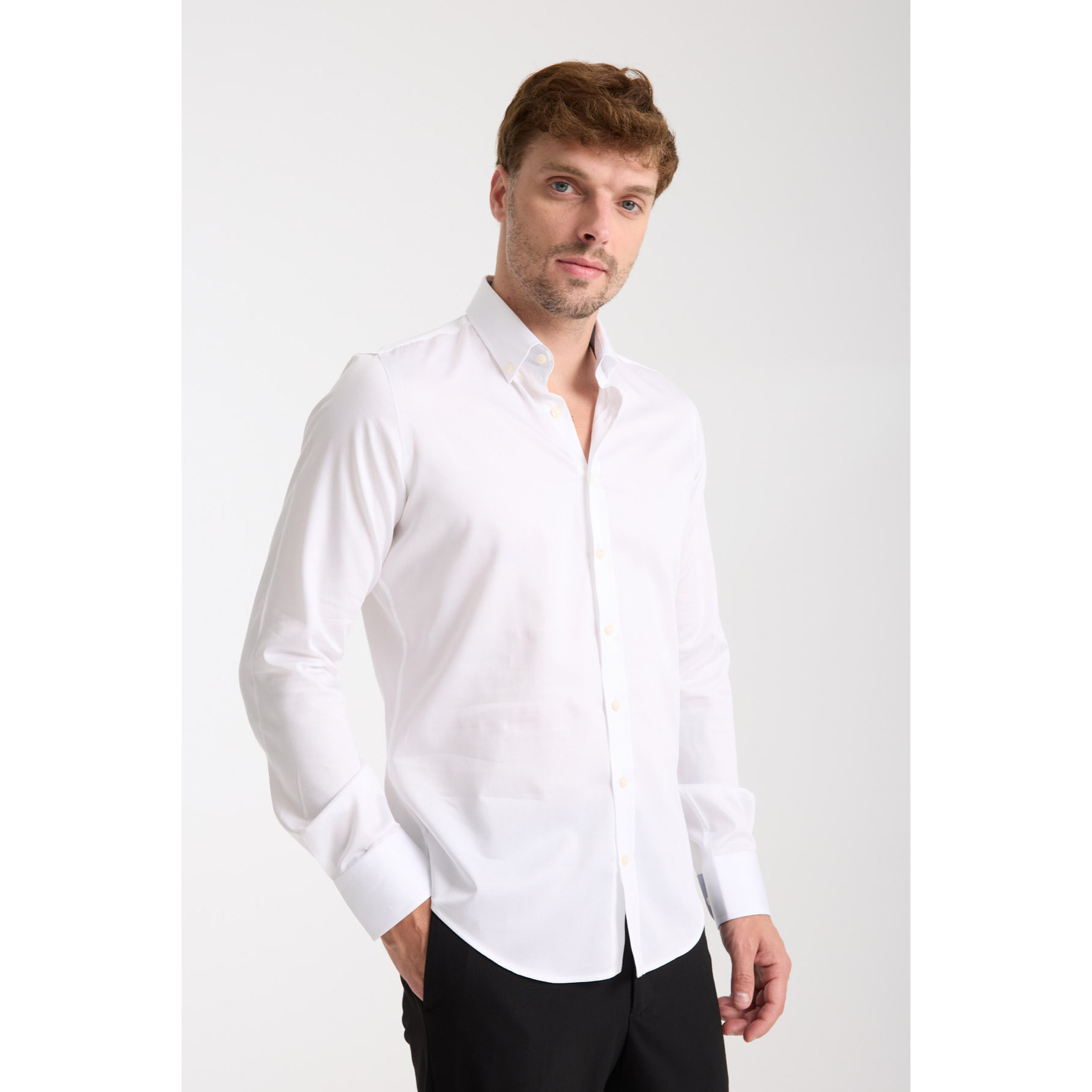 camicia uomo 1 bottone button down slim Satin Unito Bianco