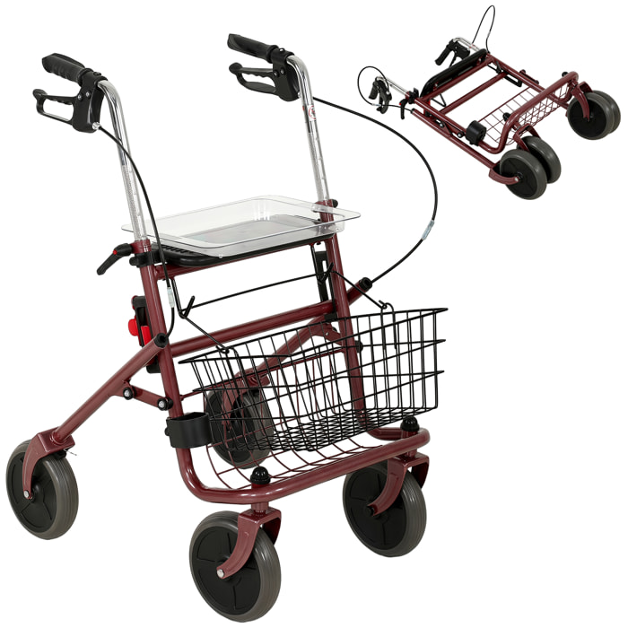 Andador para Ancianos Plegable, Andadores Adultos para Personas Mayores con Asiento y 4 Ruedas Altura Ajustable Frenos de Maneta Cesta Bandeja y Porta Bastón Rojo Vino