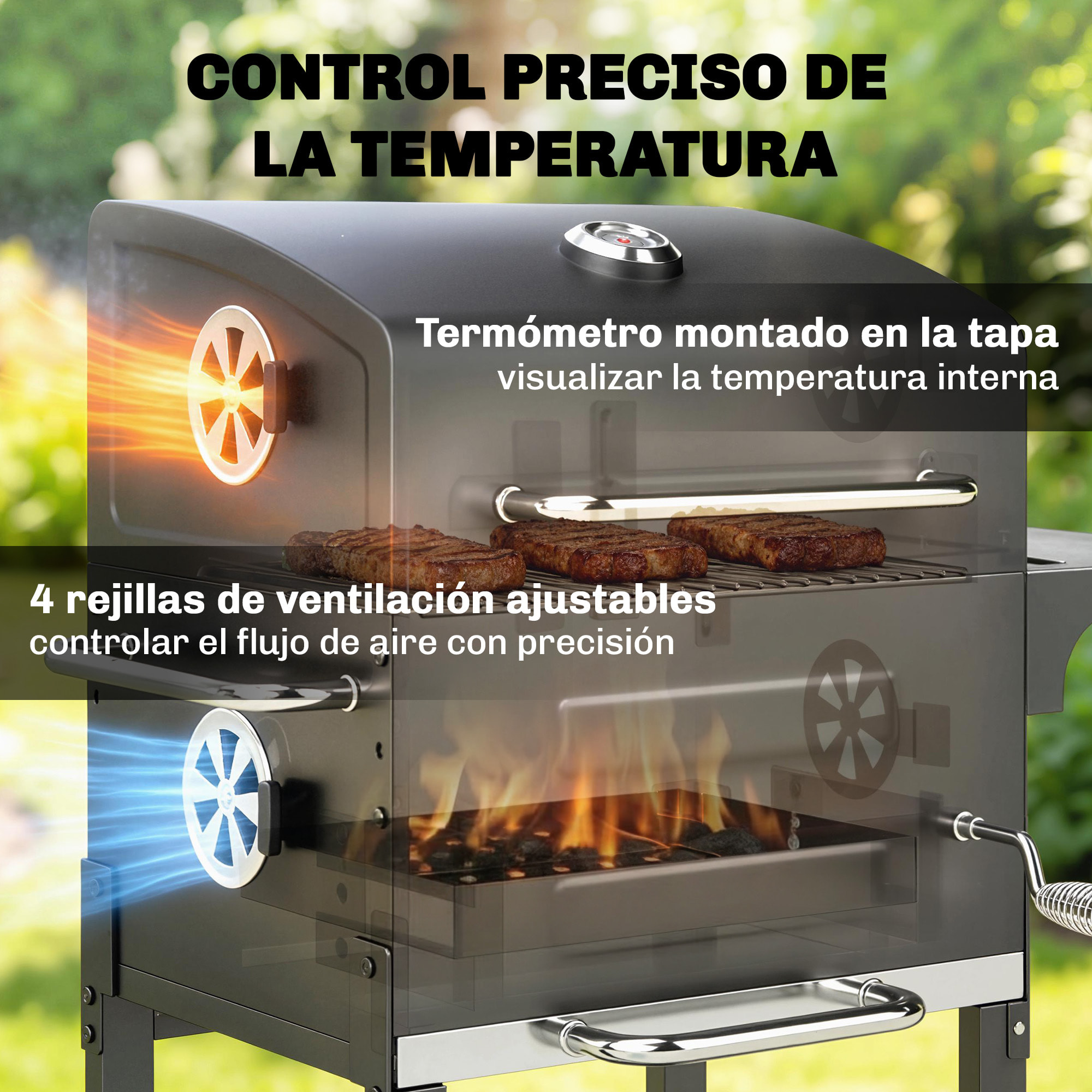 Barbacoa de Carbón Portátil, Barbacoa de Carbón con Termómetro, Ventilación Ajustable, Parrilla de Acero Inoxidable, Estante Lateral, Tapa, Bandeja Cenizas, Ruedas, Estante Inferior, Negro