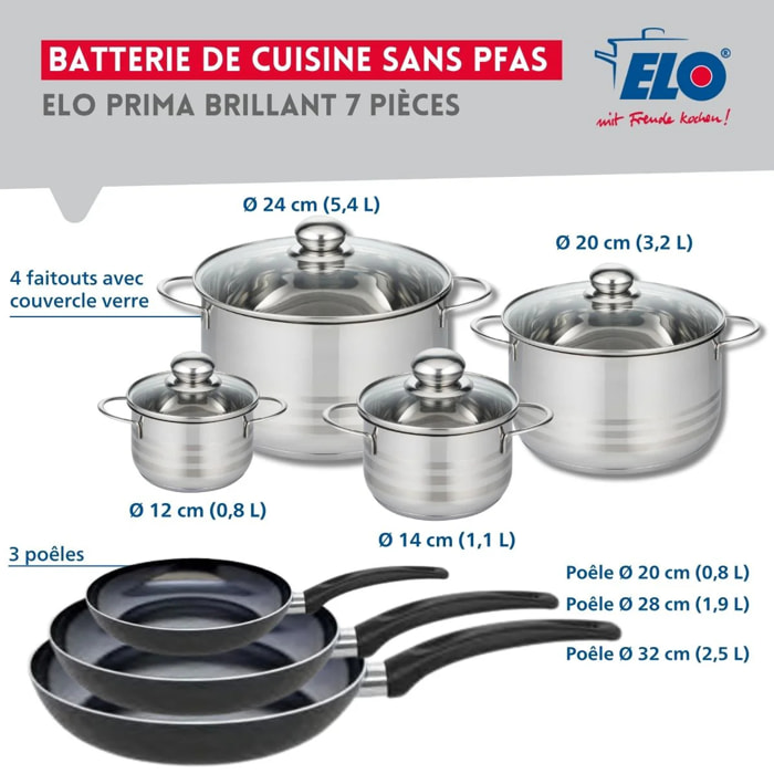 Ensemble de 3 Poêles de cuisson 20, 28 et 32 cm et 4 faitouts 12, 14, 20 et 24 cm Elo Prima Brillant