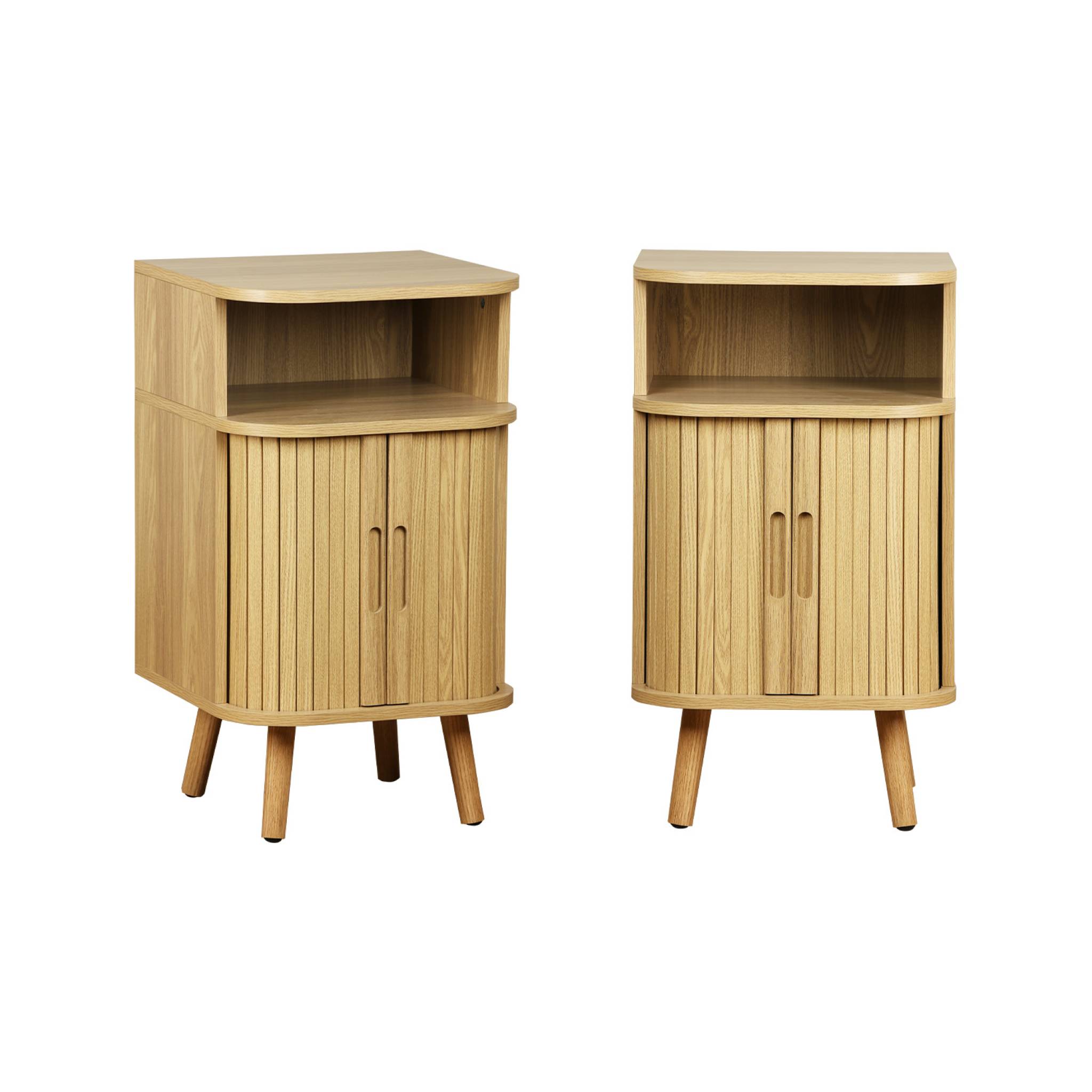 Lot de 2 tables de chevet 2 portes coulissantes + 1 niche effet bois rainuré. L 40 x P 40 x H 70cm