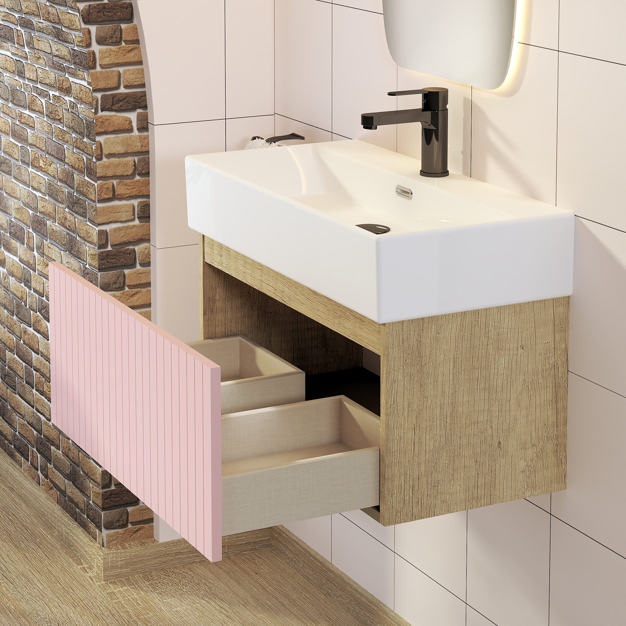 Conjunto de Baño Zel | Mueble Suspendido | 70 cm Rosa | Un Cajón | Lavabo Encastrado | No incluye Espejo | Mueble Montado| Alday