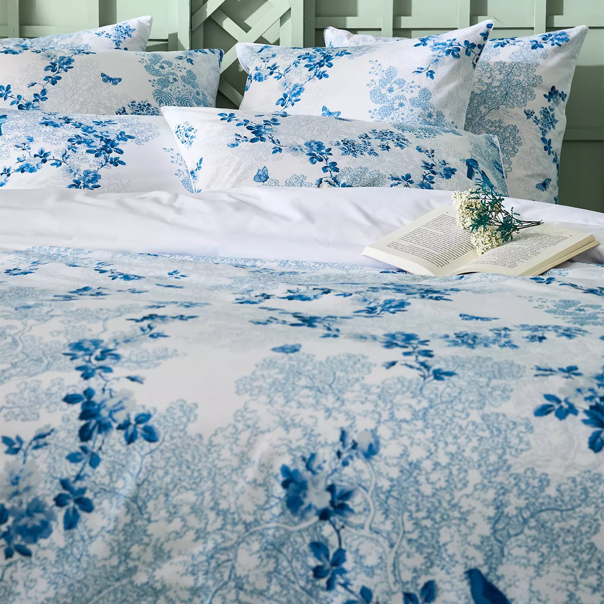 Housse de couette percale de coton 115 g/m² imprimé blanc bleu Voliere bleu