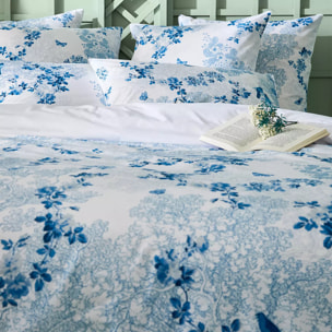 Housse de couette percale de coton 115 g/m² imprimé blanc bleu Voliere bleu