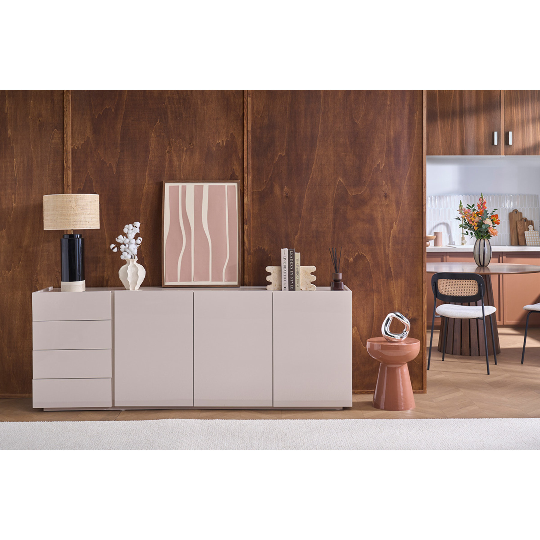 Buffet noir laqué brillant 3 portes 4 tiroirs L200 cm ISAURE