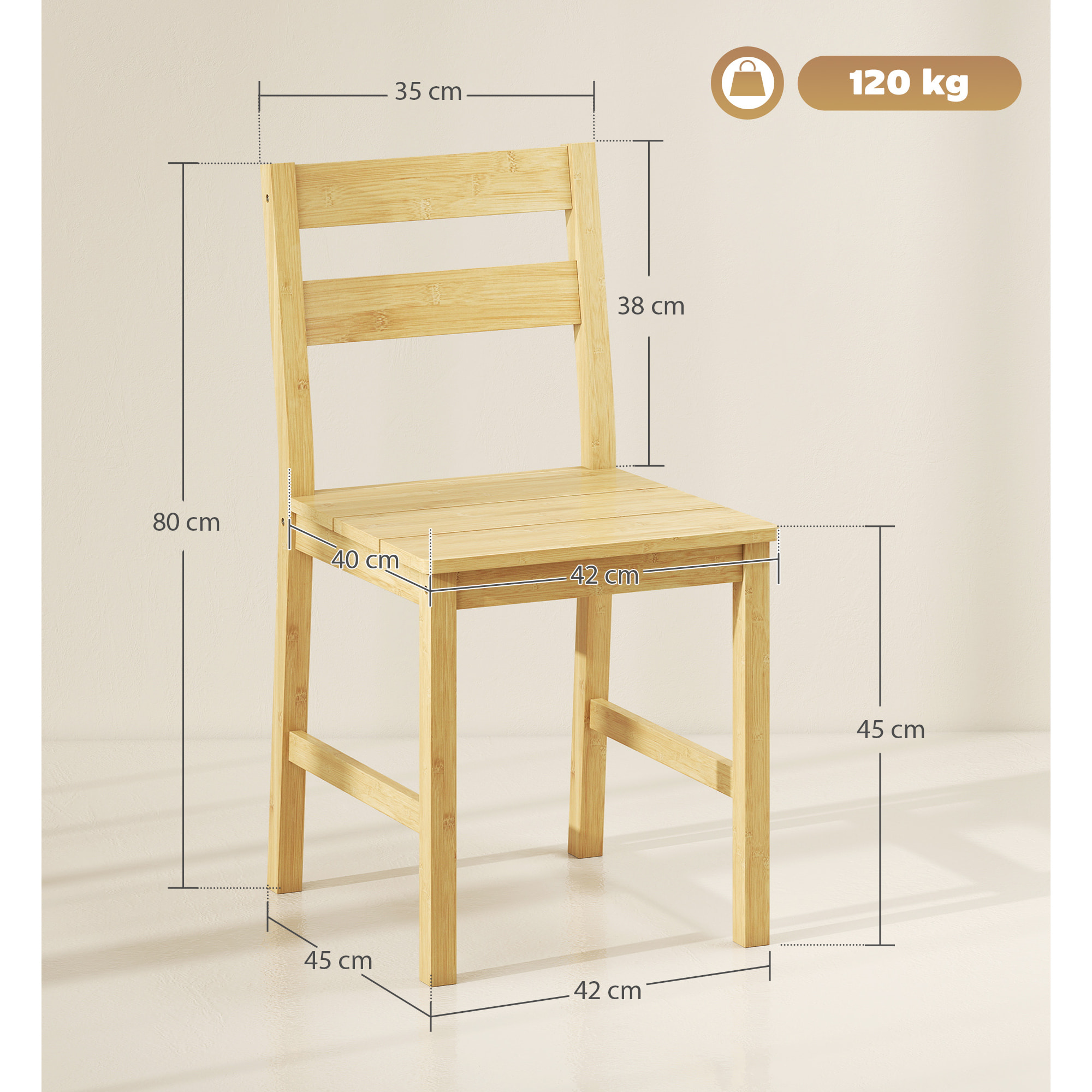 Juego de 2 Sillas de Comedor de Bambú, Sillas de Cocina con Asiento con Listones, Respaldo Curvado, Sin Brazos, para Sala de Estar, Natural