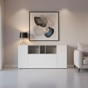 Credenza Moderna Madia A 3 Ante Con Vani a Giorno Mobile Contenitore Salvaspazio Da Terra Ripiani Regolabili 150 x 41 x 76 Cm Bianco e Grigio Cemento