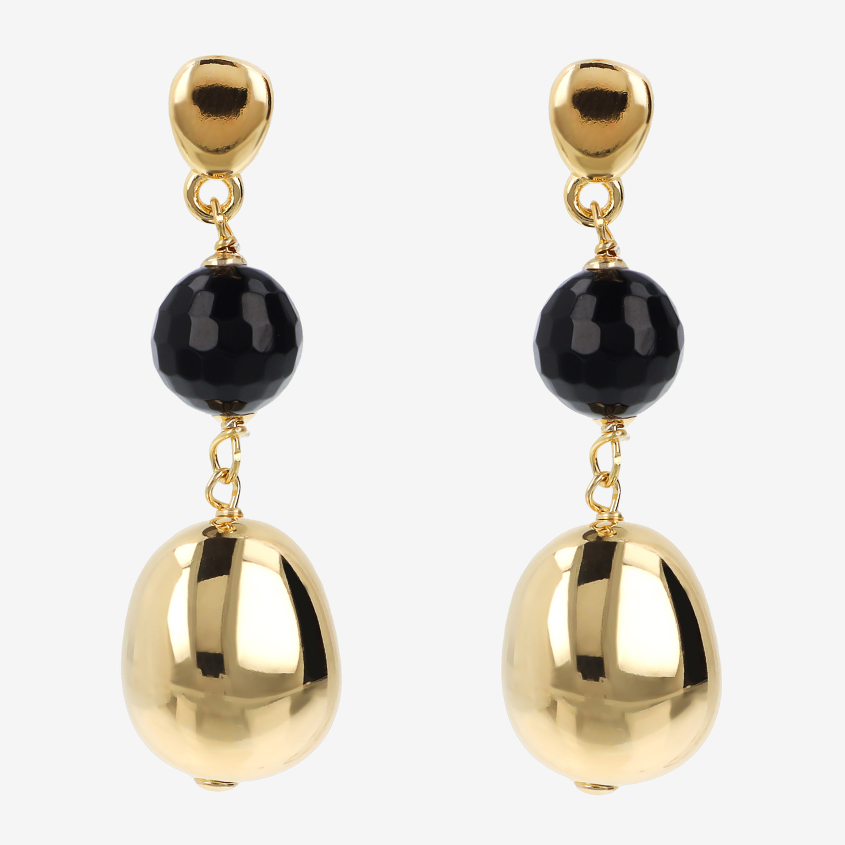 Orecchini Pendenti in Argento 925 placcato Oro Giallo 18Kt con Pepite Elettroformate e Pietre Naturali in Onice Nero Sfaccettato