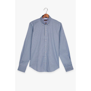 Camicia Uomo 1 Bottoni Button Down Slim Popeline Stampato Blu/Celeste