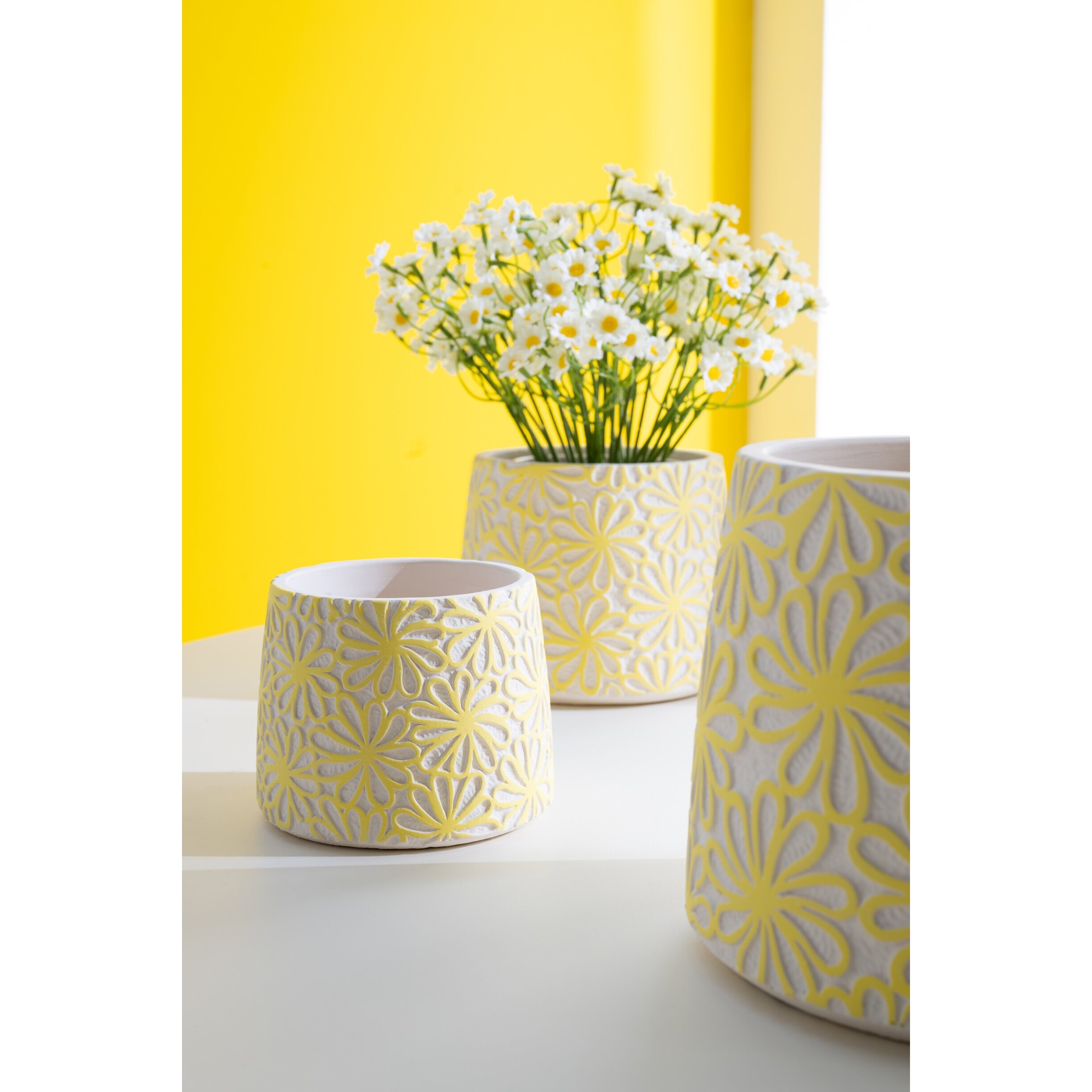 J-Line Cache-pot Rond Fleurs - céramique - jaune - small