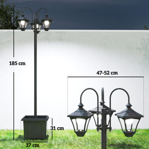 Farola Solar Exterior de Jardín con Macetero 3 Cabezales Impermeable IP44 Encendido/Apagado Automático y Altura Ajustable Luz Solar de Exterior LED para Terraza Patio 52x52x185 cm Negro