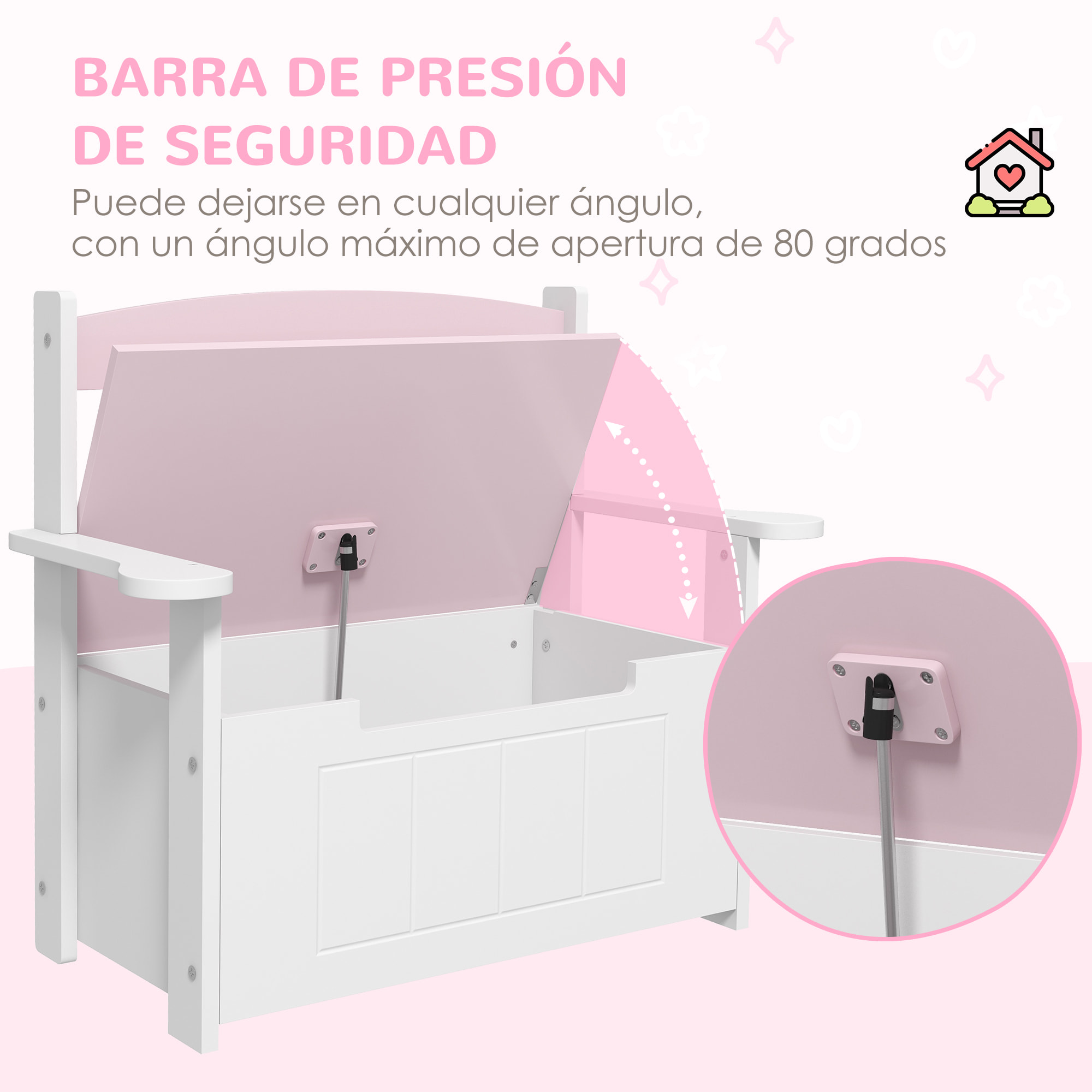 Baúl para Juguetes Infantil, Banco Almacenaje para Niños, con Respaldo y Tapa Amortiguadora, Carga 30 kg, para Salas de Juego, Dormitorio, 68,5x34x58 cm, Rosa y Blanco