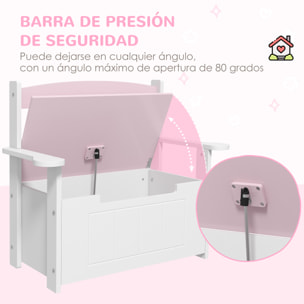 Baúl para Juguetes Infantil, Banco Almacenaje para Niños, con Respaldo y Tapa Amortiguadora, Carga 30 kg, para Salas de Juego, Dormitorio, 68,5x34x58 cm, Rosa y Blanco