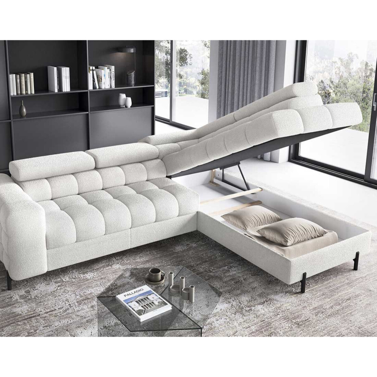 Elisa - canapé d'angle droit 5 places convertible avec coffre et têtières réglables en tissu bouclette - Blanc