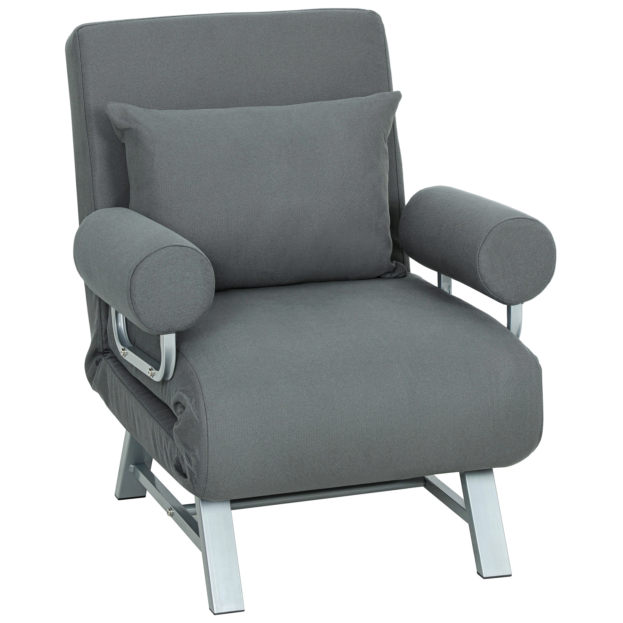 Fauteuil chauffeuse convertible inclinable coussin lombaires accoudoirs piètement métal lin gris foncé