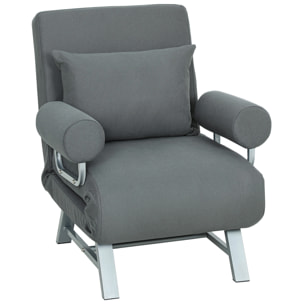 Fauteuil chauffeuse convertible inclinable coussin lombaires accoudoirs piètement métal lin gris foncé