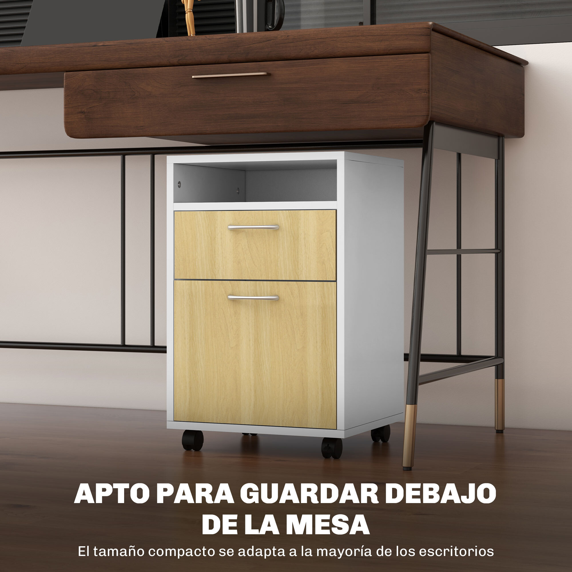 Cajonera de Oficina Móvil con Cajón y Gabinete Mueble Archivador con Ruedas Soporte de Impresora para Estudio 40x35x60 cm Natural y Blanco