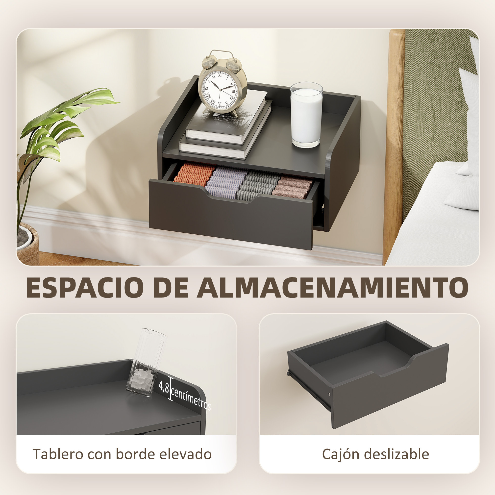 Set de 2 Mesillas de Noche de Pared Mesitas de Noche Flotantes con 1 Cajón para Dormitorio Habitación Hogar Diseño Sencillo 40x30x19,5 cm Negro