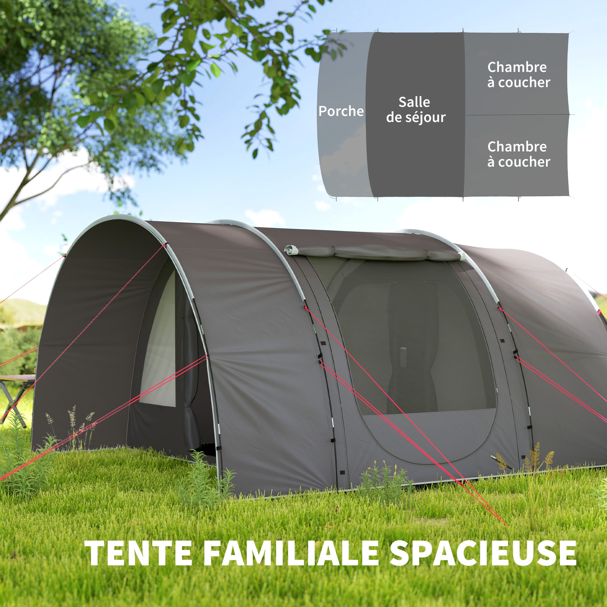Tente camping 6 places - tente tunnel familiale - imperméabilité 5000mm - dim. 4,6 x 3,2 x 1,9 m - sac inclus - gris