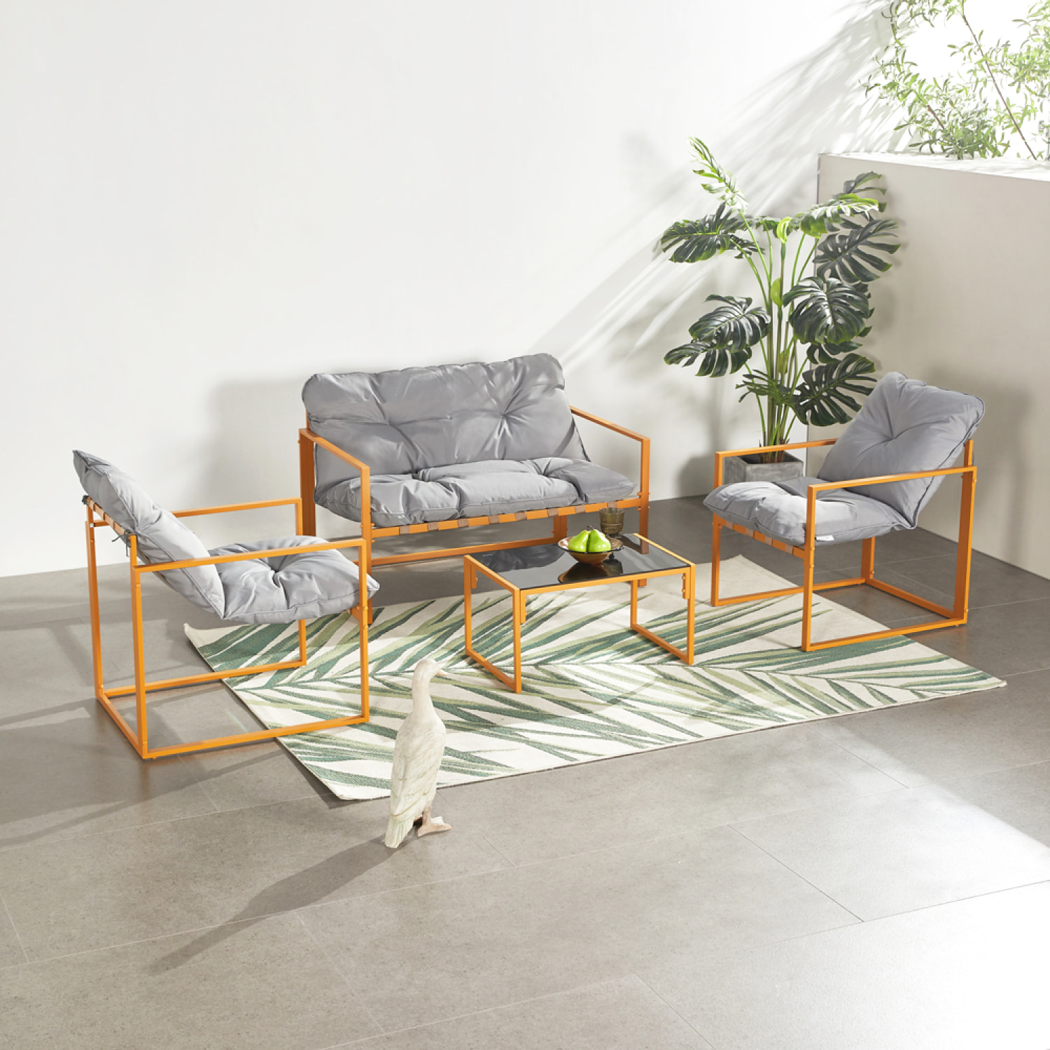 LANA Salon de jardin 4 places contemporain brun et coussins gris