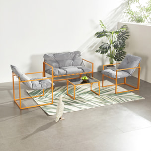 LANA Salon de jardin 4 places contemporain brun et coussins gris