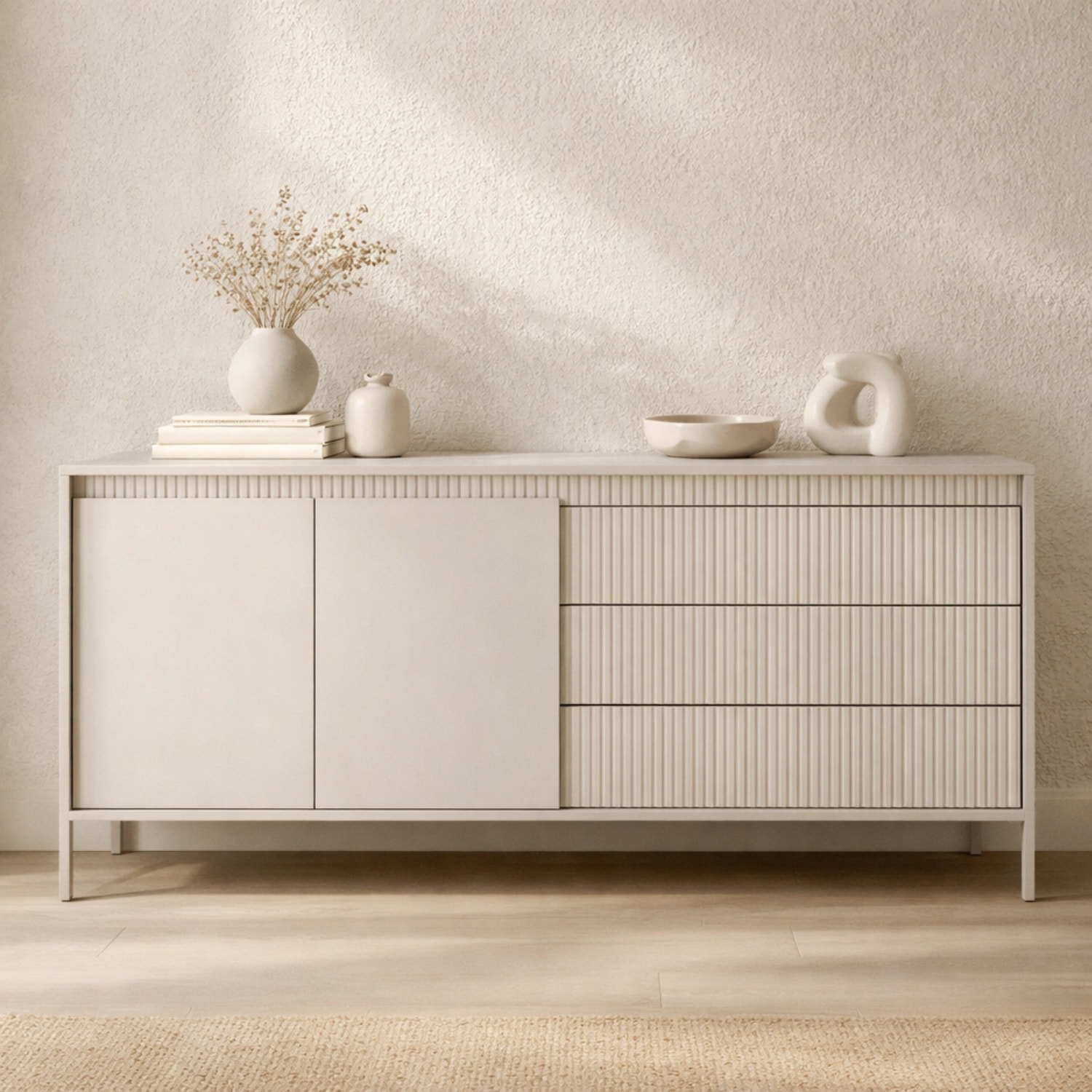 Madia Credenza 2 Ante 3 Cassetti Push To Open Con Ripiani E Vani Mobile Soggiorno Design Moderno Con Piedini In Metallo 187.1 x 81.4 x 39.5 Cm Cashmere