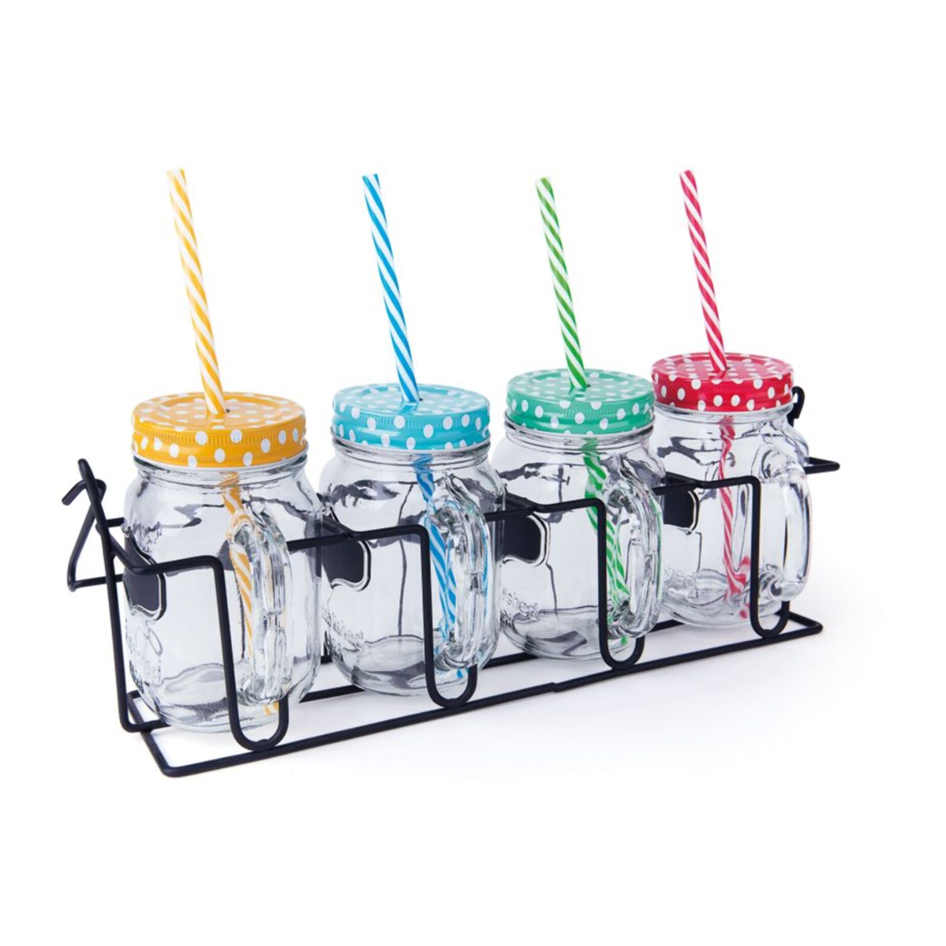 Set 4 Mug Barattolo Excelsa – Funny Party, Vetro Multicolore con Coperchio e Cannuccia