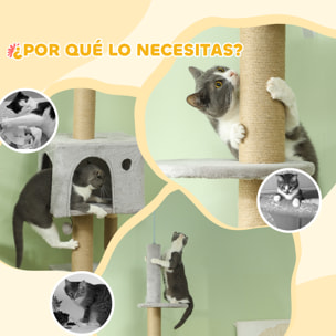 Árbol para Gatos de Suelo a Techo de 225-265 cm Árbol Rascador para Gatos con Altura Ajustable Múltiples Plataformas Escalera Bola Colgante Gris Claro