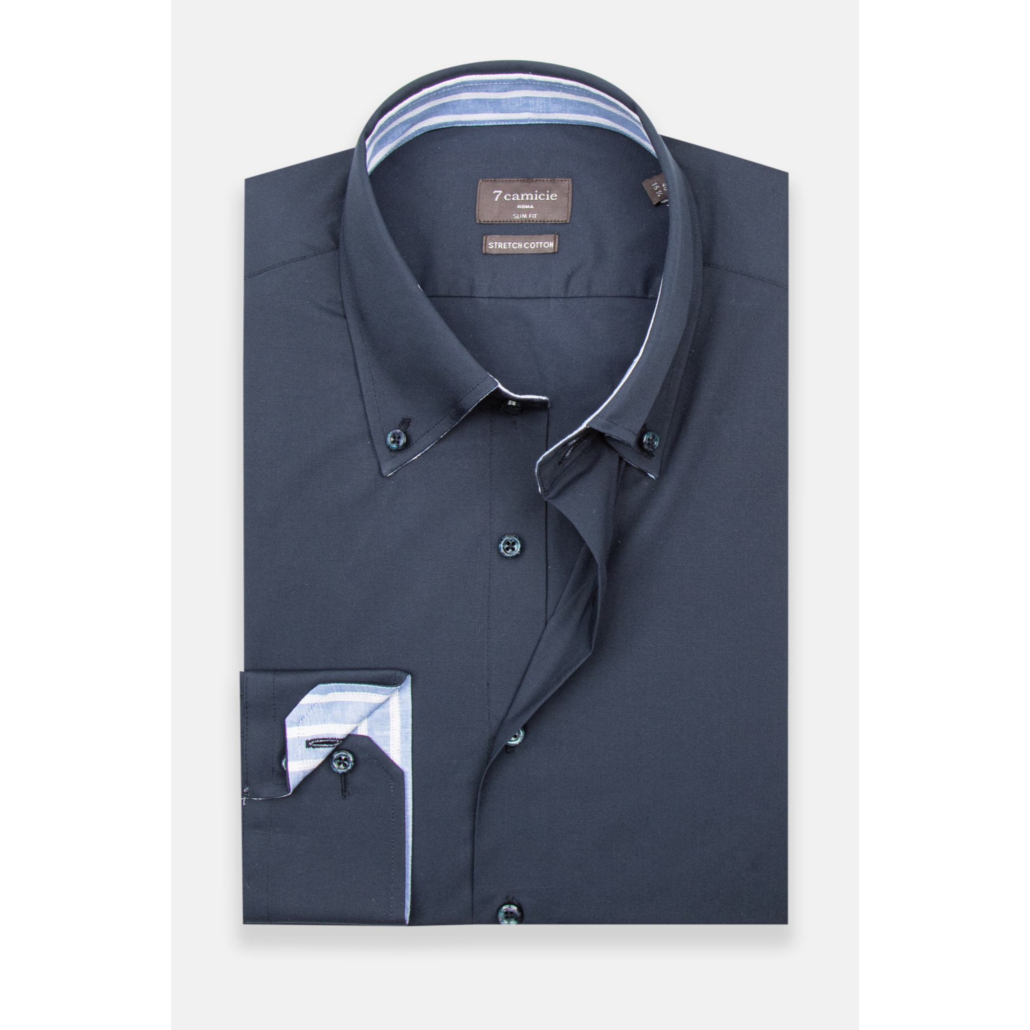 Camicia Uomo 2 Bottoni Button Down Slim Popeline Stretch Unito Blu