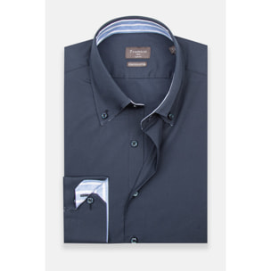 Camicia Uomo 2 Bottoni Button Down Slim Popeline Stretch Unito Blu