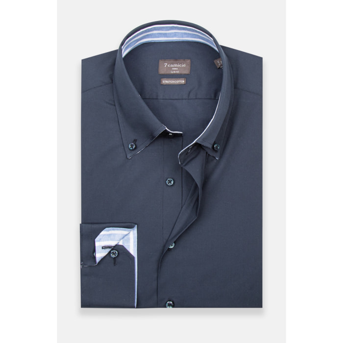 Camicia Uomo 2 Bottoni Button Down Slim Popeline Stretch Unito Blu