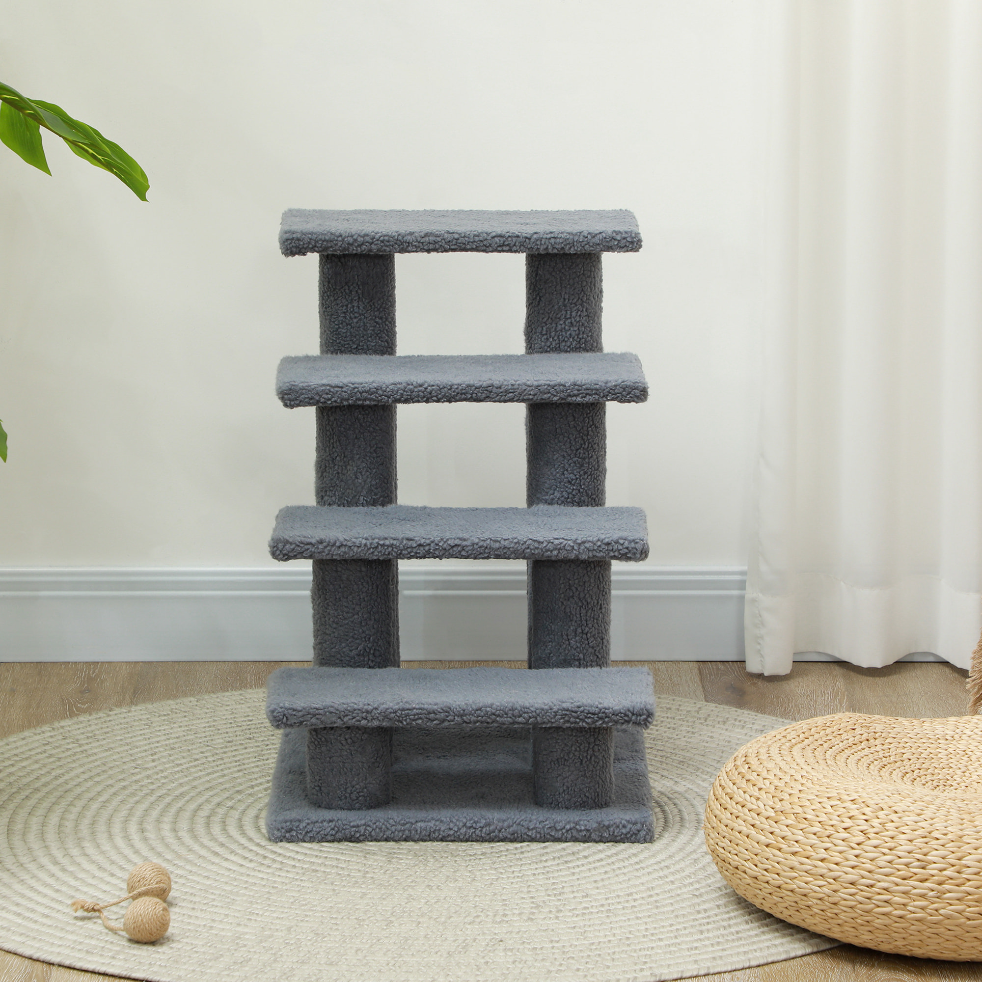 Escalier pour chat - escalier pour chien - 4 marches - revêtement flanelle grande douceur haute densité - structure panneaux particules - gris