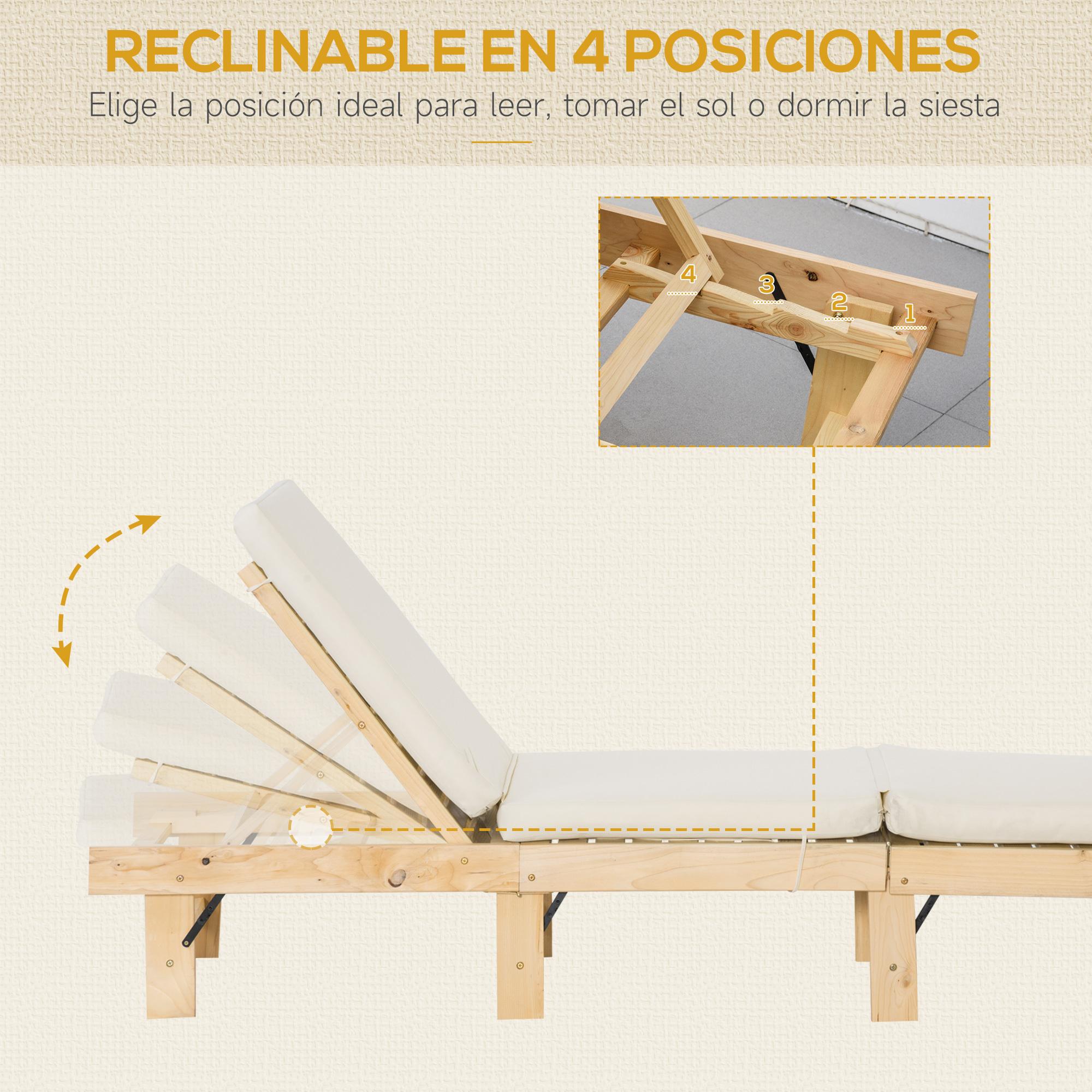 Tumbona de Madera Plegable con Respaldo Ajustable en 4 Posiciones 195x59x30cm