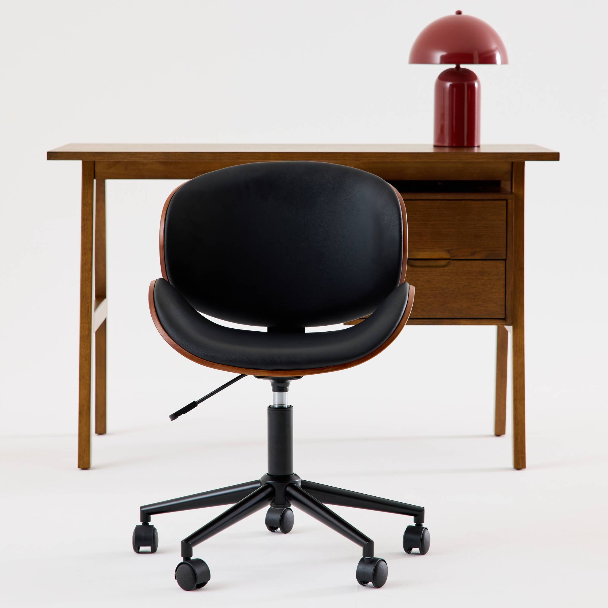 Chaise de bureau à roulettes décor bois courbé et simili cuir DWIGHT