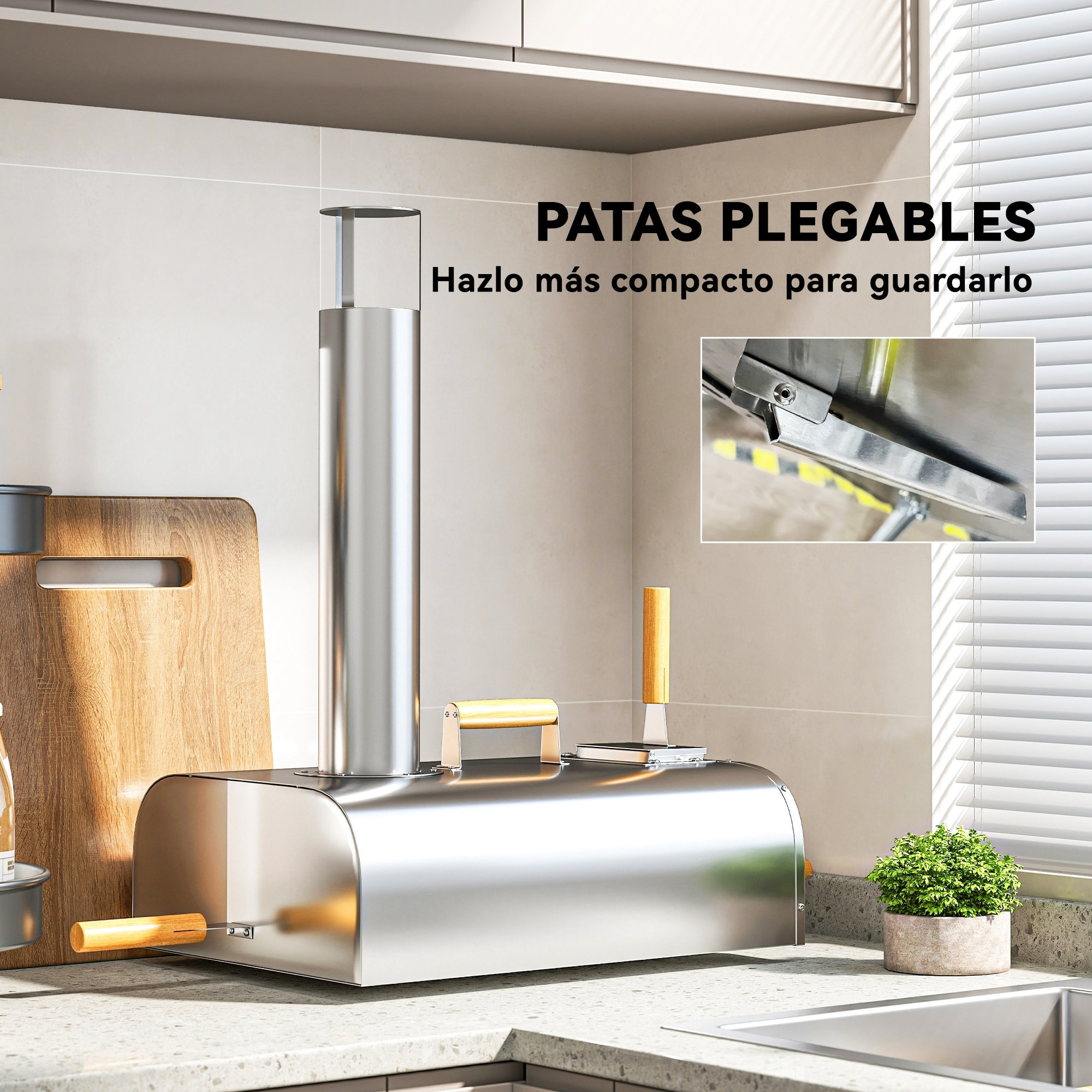 Mini Horno de Pizza Exterior Portátil de Acero Inoxidable Horno de Leña con Piedra Refractaria Pala Patas Plegables Mangos de Madera Termómetro y Bandeja para Jardín Terraza Camping Patio