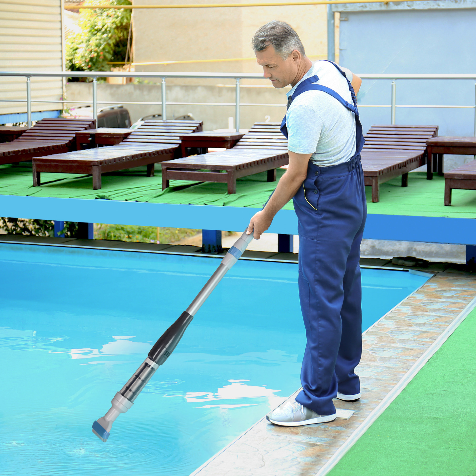 Aspirateur balai électrique sans fil piscine spa - manche télescopique 106-162 cm - brosse, sac filtrant - ABS alu. - blanc bleu