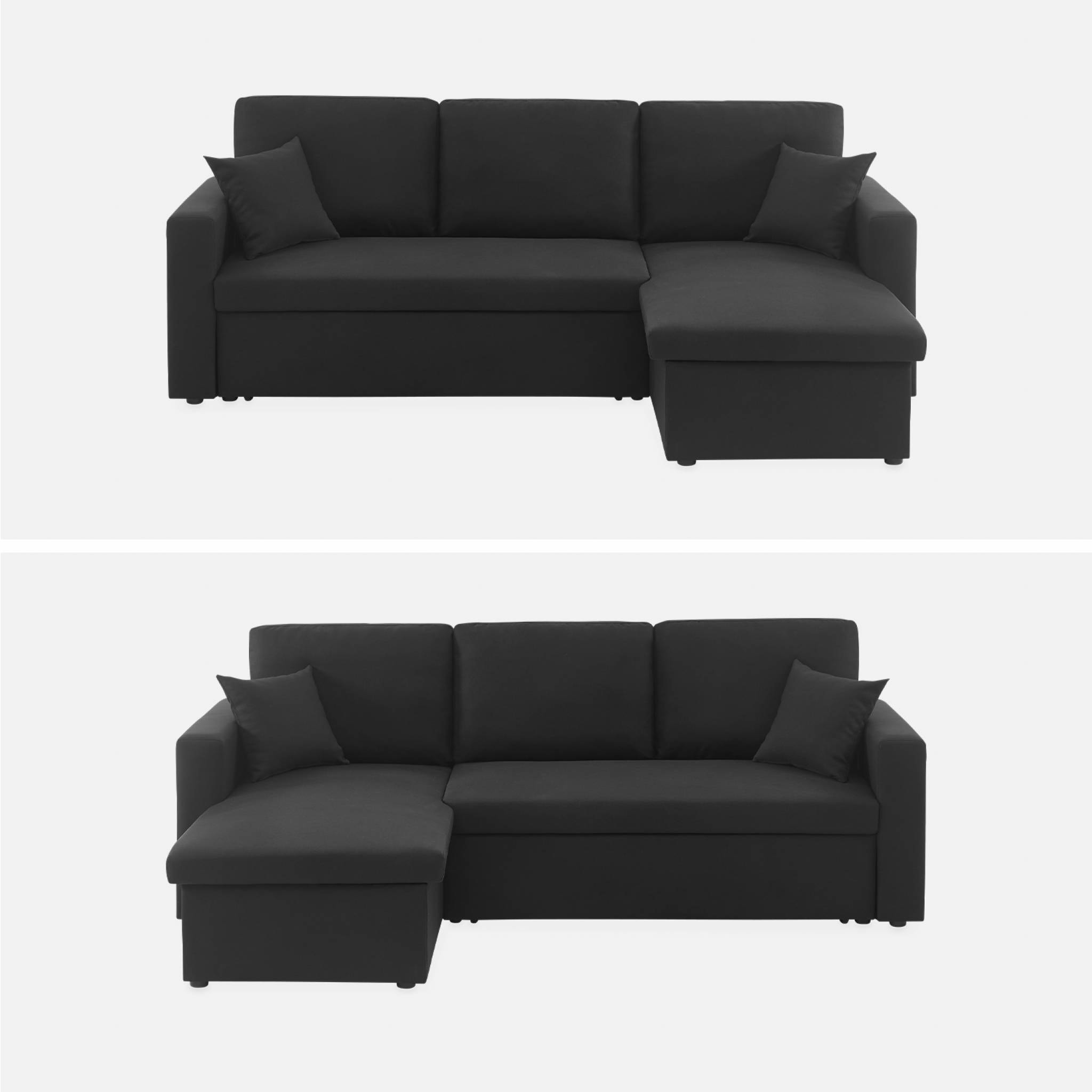 Canapé d'angle convertible en tissu noir - IDA - 3 places. fauteuil d'angle réversible coffre rangement lit modulable