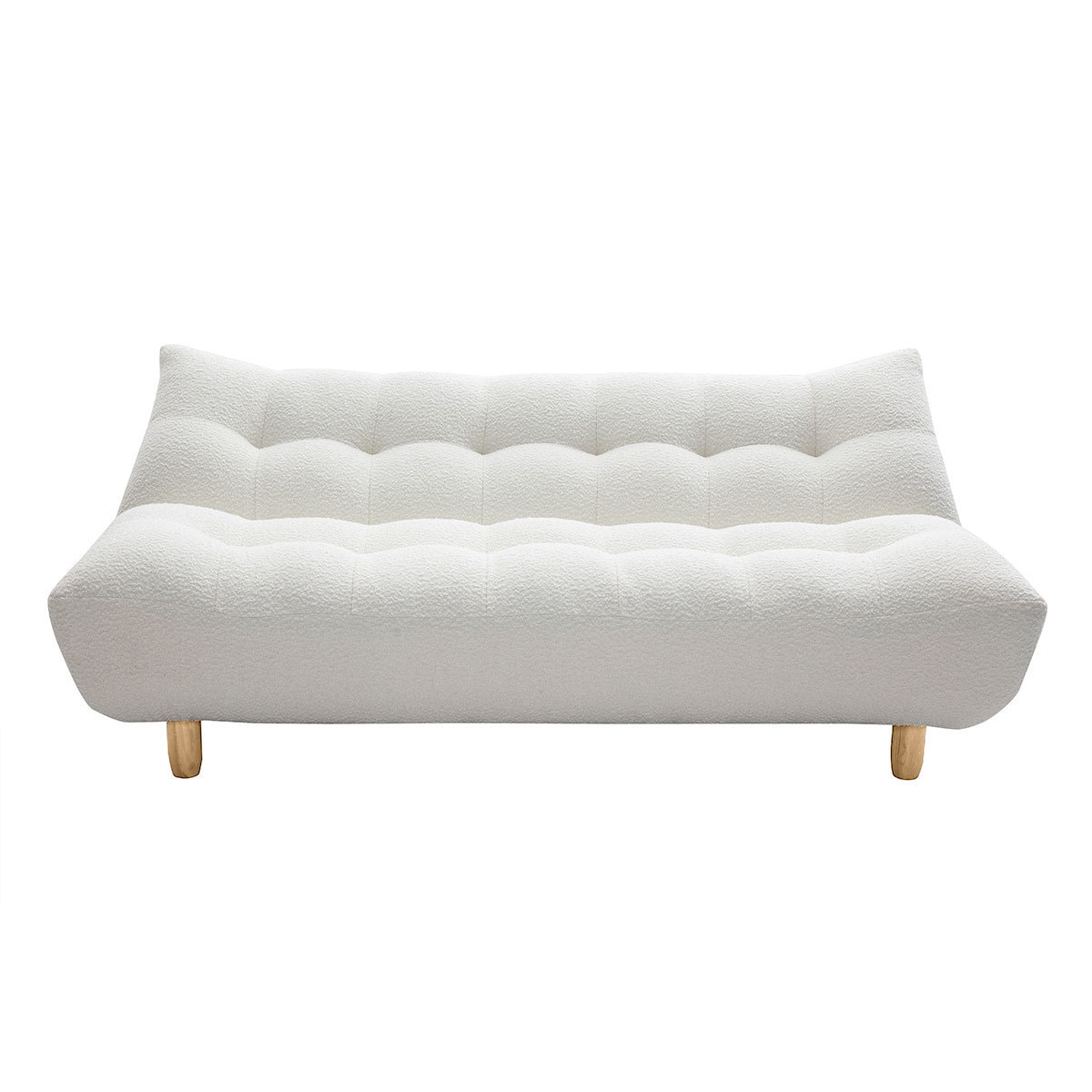 Canapé convertible scandinave 3 places en tissu effet laine bouclée blanc et bois clair YUMI