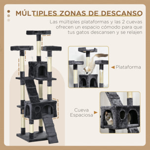 Árbol Rascador para Gatos Grande Altura 173 cm Árbol para Gatos Torre para Gatos con Nidos Escaleras Juguetes Colgantes y Postes de Sisal 49x49x173 cm Gris Oscuro