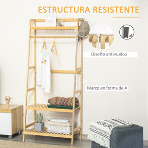 HOMCOM Perchero de Pie de Bambú Perchero Trapezoidal con Estantería de 3 Niveles con Barra y Colgador Lateral para Ropa Bolsas para Pared Dormitorio 70x42x164 cm Natural