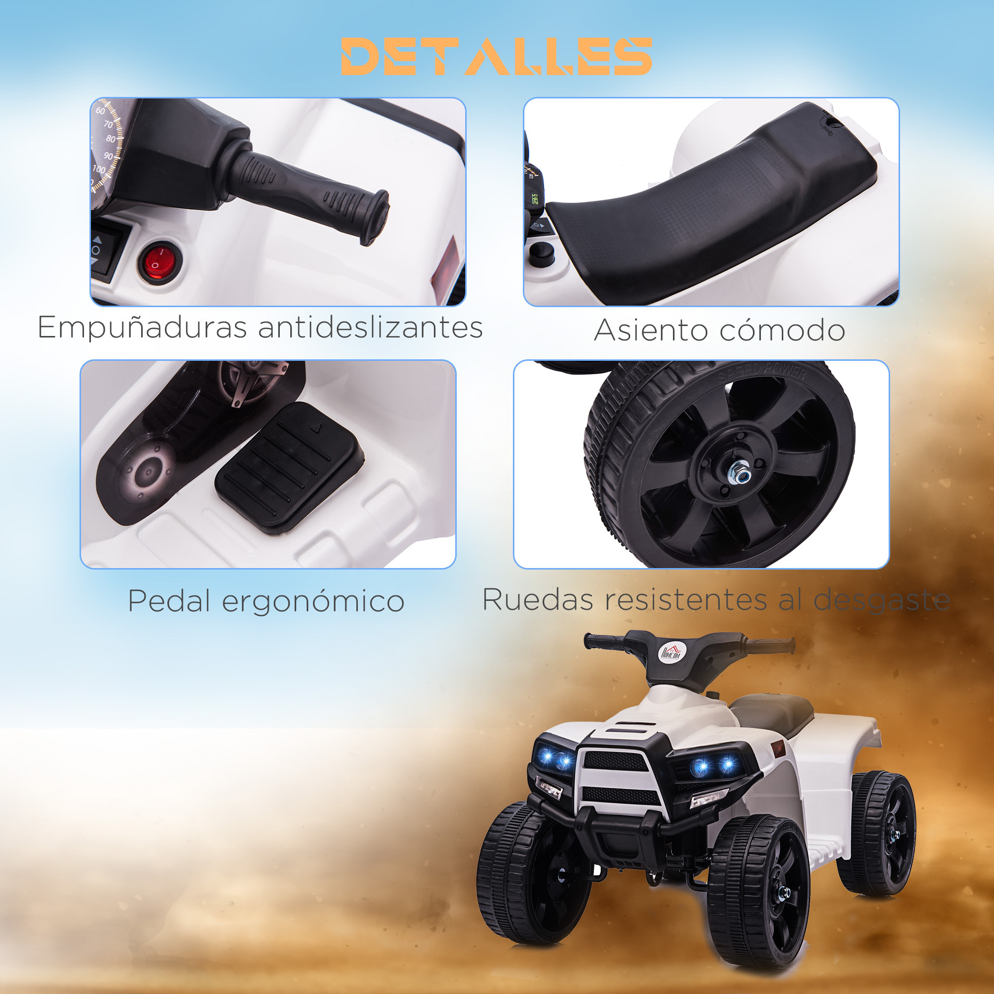 Quad Eléctrico para Niños 18-36 Meses Cuatrimoto Infantil a Batería 6V con Faros Bocina Velocidad 0-3 km/h Avance y Retroceso 65x40x43 cm Blanco