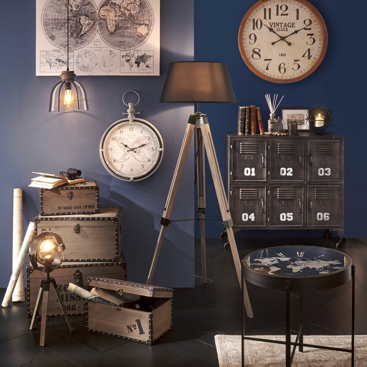 Lampadaire trépied "Runo" - bois et noir H145 cm