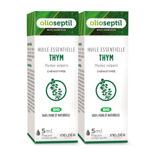 OLIOSEPTIL - Huile essentielle de Thym - 100% Pure et naturelle - BIO - HEBBD (biochimiquement et botaniquement définie) - 100% origine naturelle - Lot de 2 Flacons de 5 ml