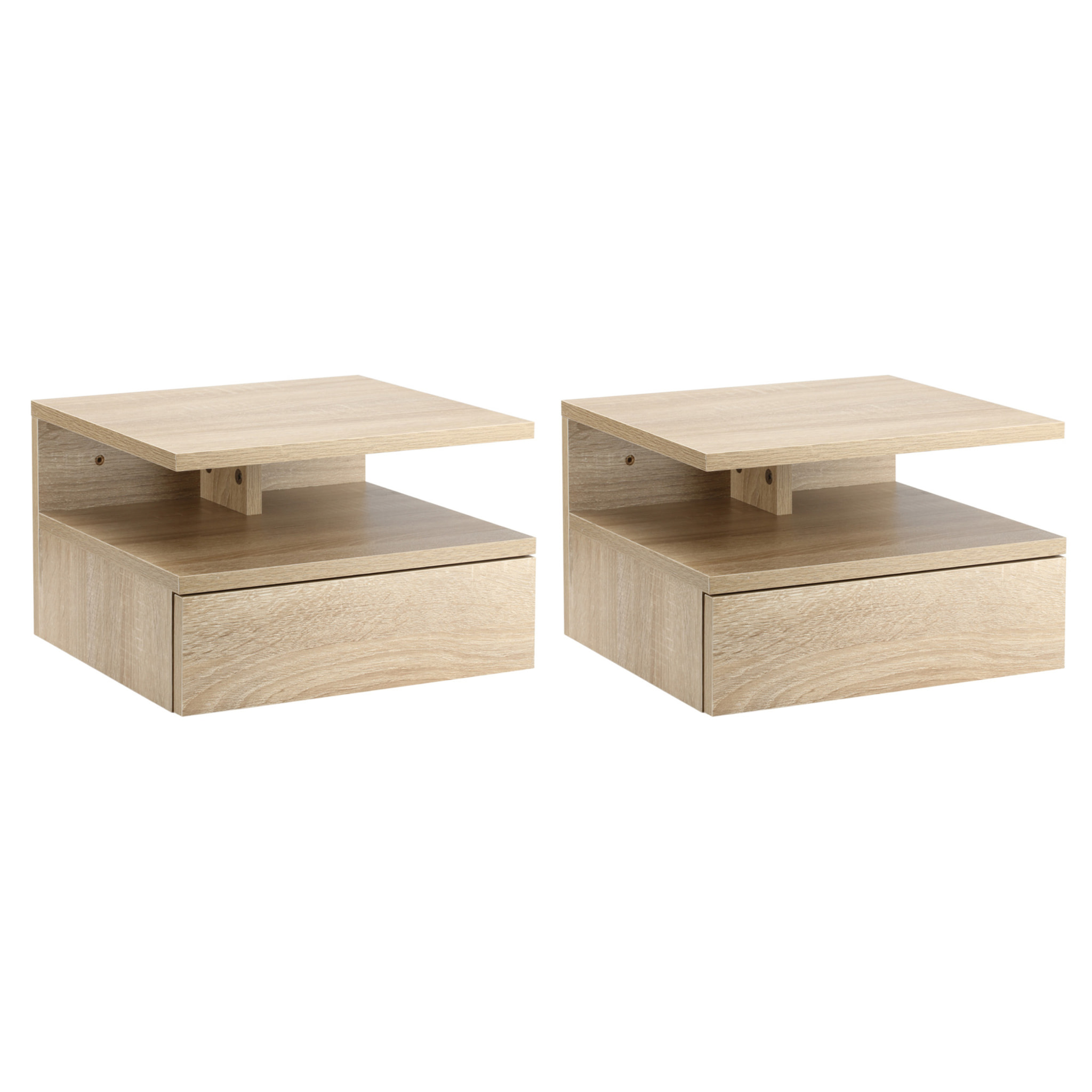 Set de 2 Mesitas de Noche Flotantes Mesillas de Noche de Pared con 1 Cajón y Estante Abierto Diseño Moderno para Dormitorio 35x32x22,5 cm Roble