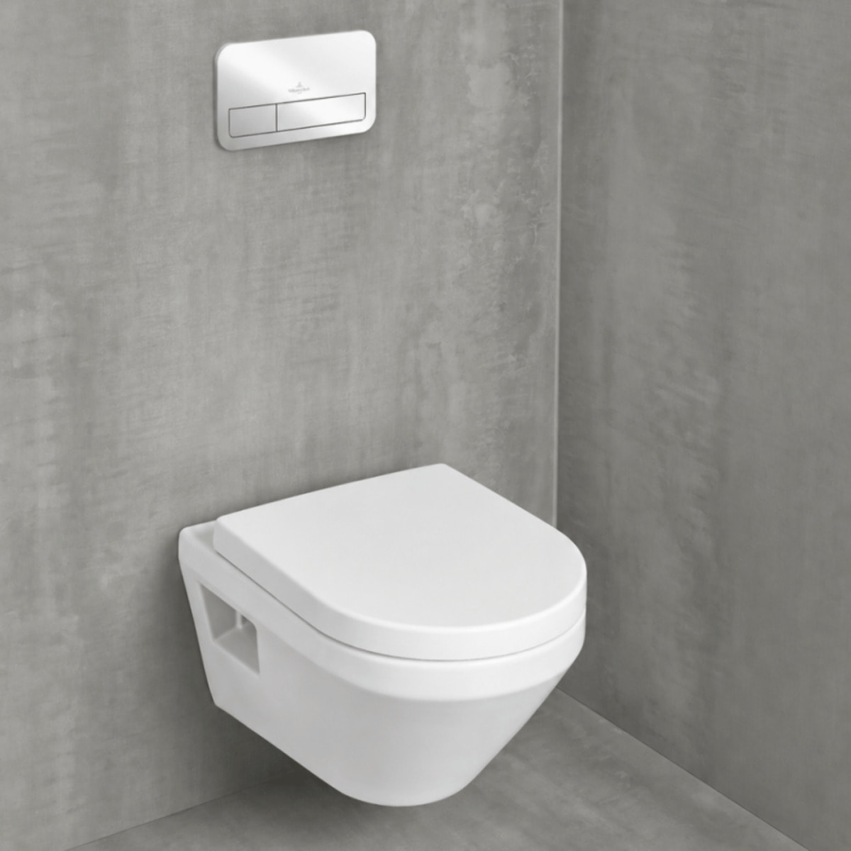 Pack WC suspendu sans bride Villeroy & Boch Architectura Twistflush [e³] rond + bâti-support ViConnect + plaque chrome brillant
