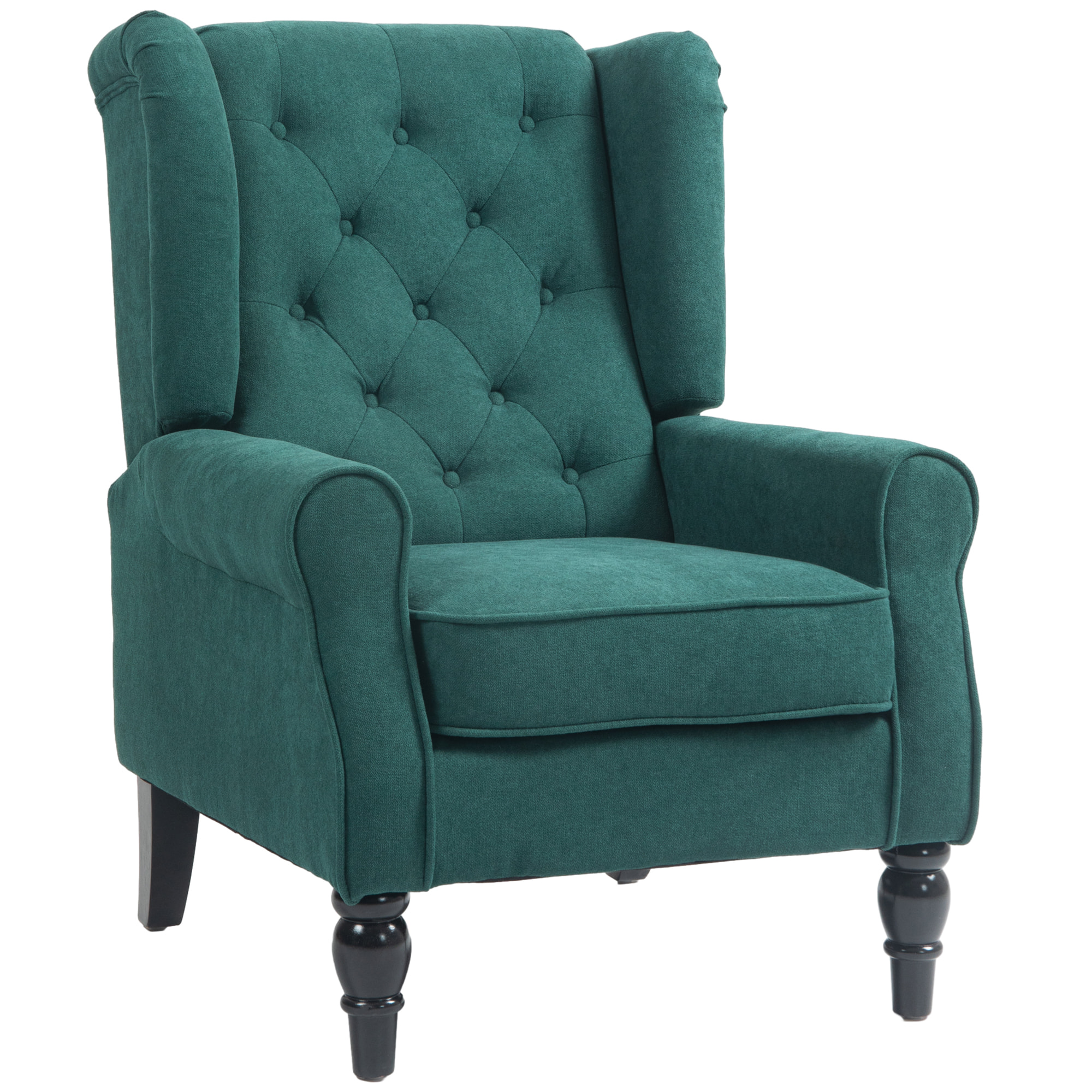 Fauteuil à oreilles style Chesterfield dossier capitonné grand confort bois noir tissu vert