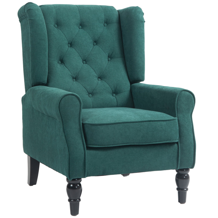 Fauteuil à oreilles style Chesterfield dossier capitonné grand confort bois noir tissu vert